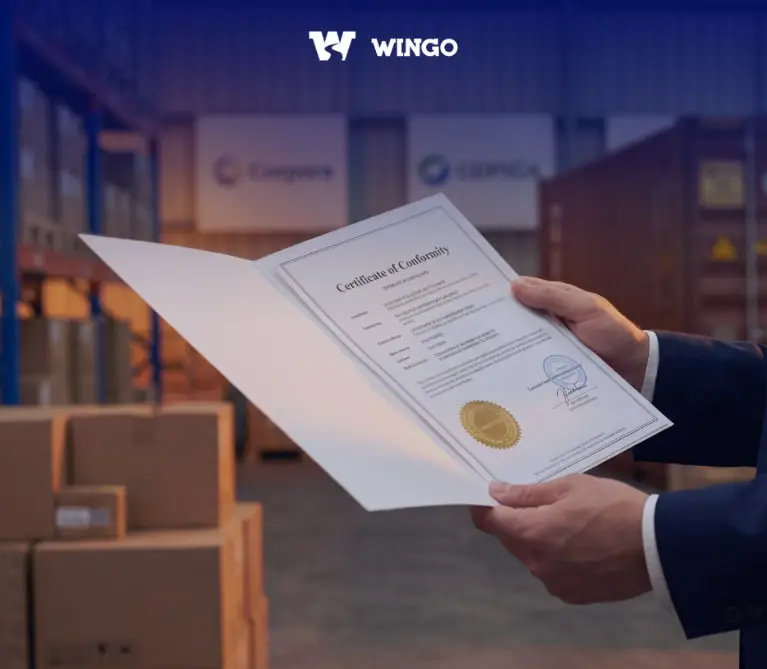 Сертифікат відповідності на фоні складу Wingo