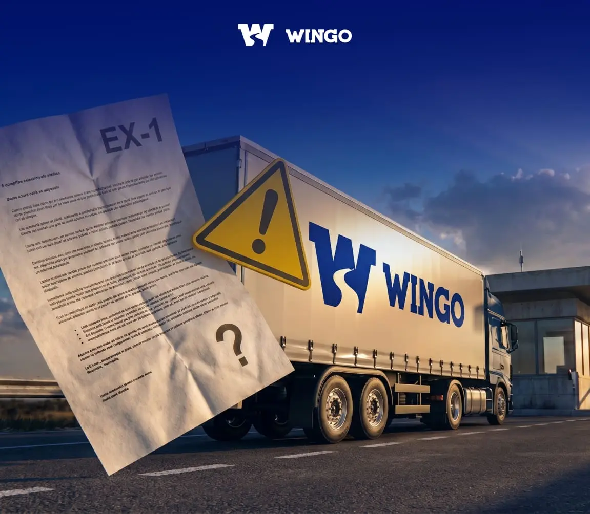 Вантажівка Wingo з документом EX-1 та попереджувальним знаком на фоні дороги